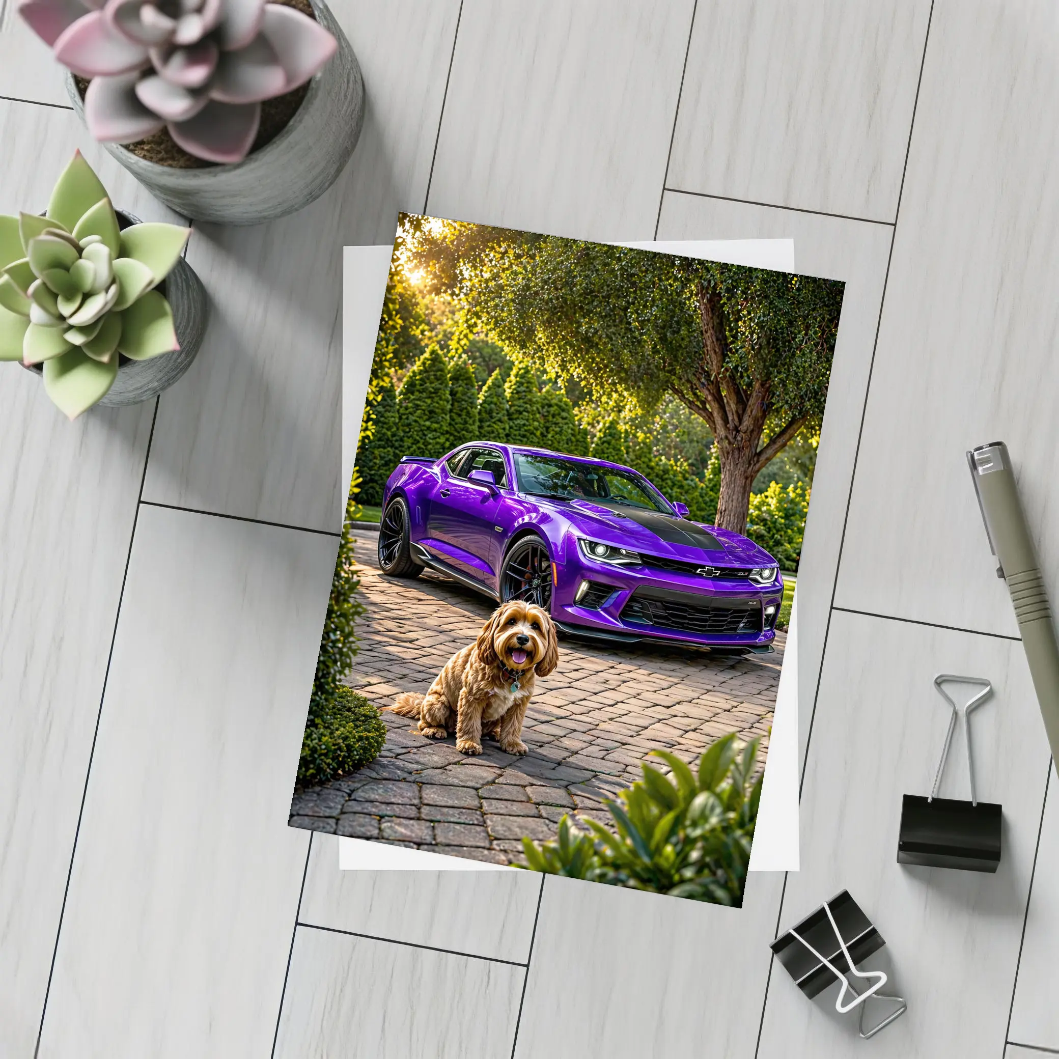 Purple Chevrolet Camaro With Fluffy Dog – Postcards