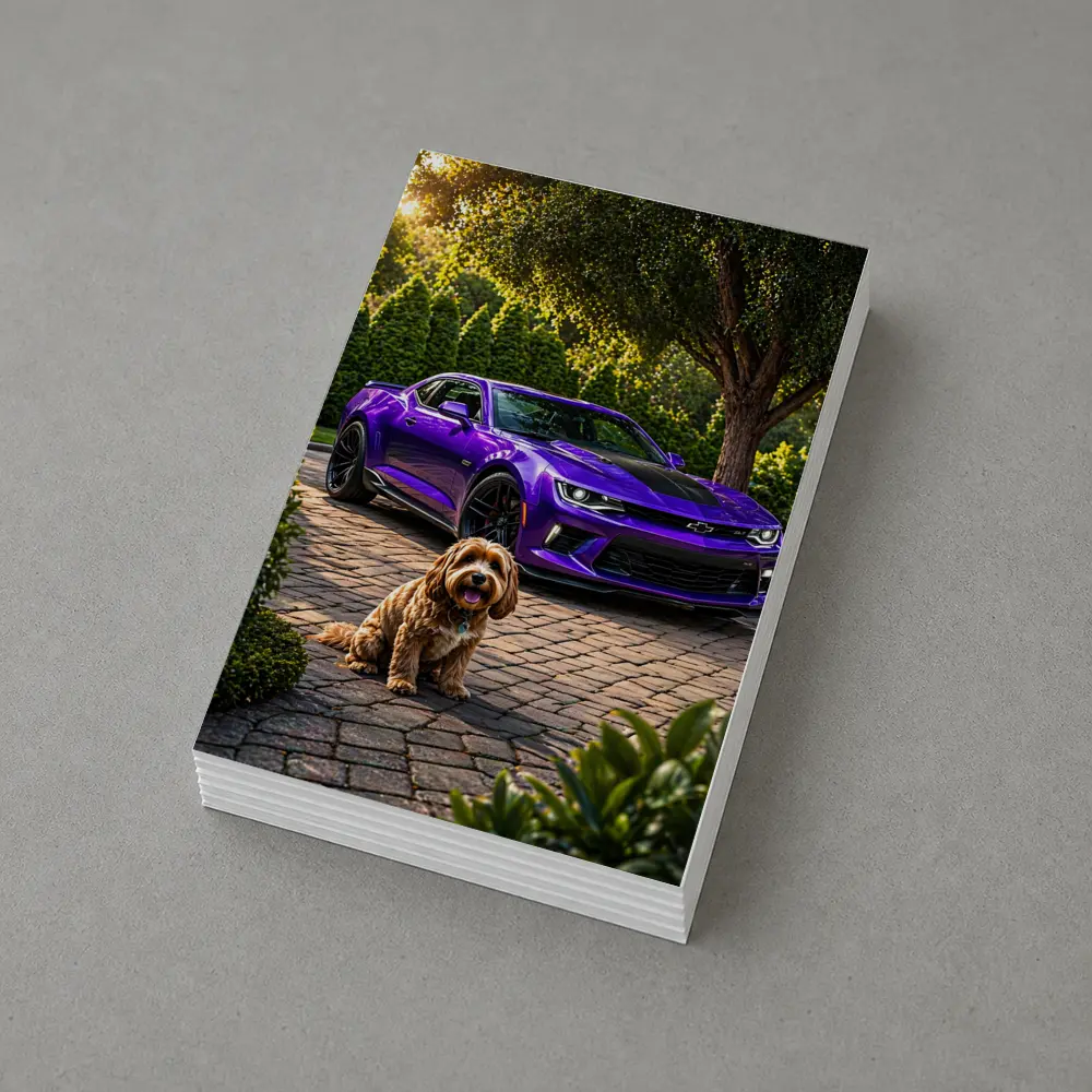 Purple Chevrolet Camaro With Fluffy Dog – Postcards