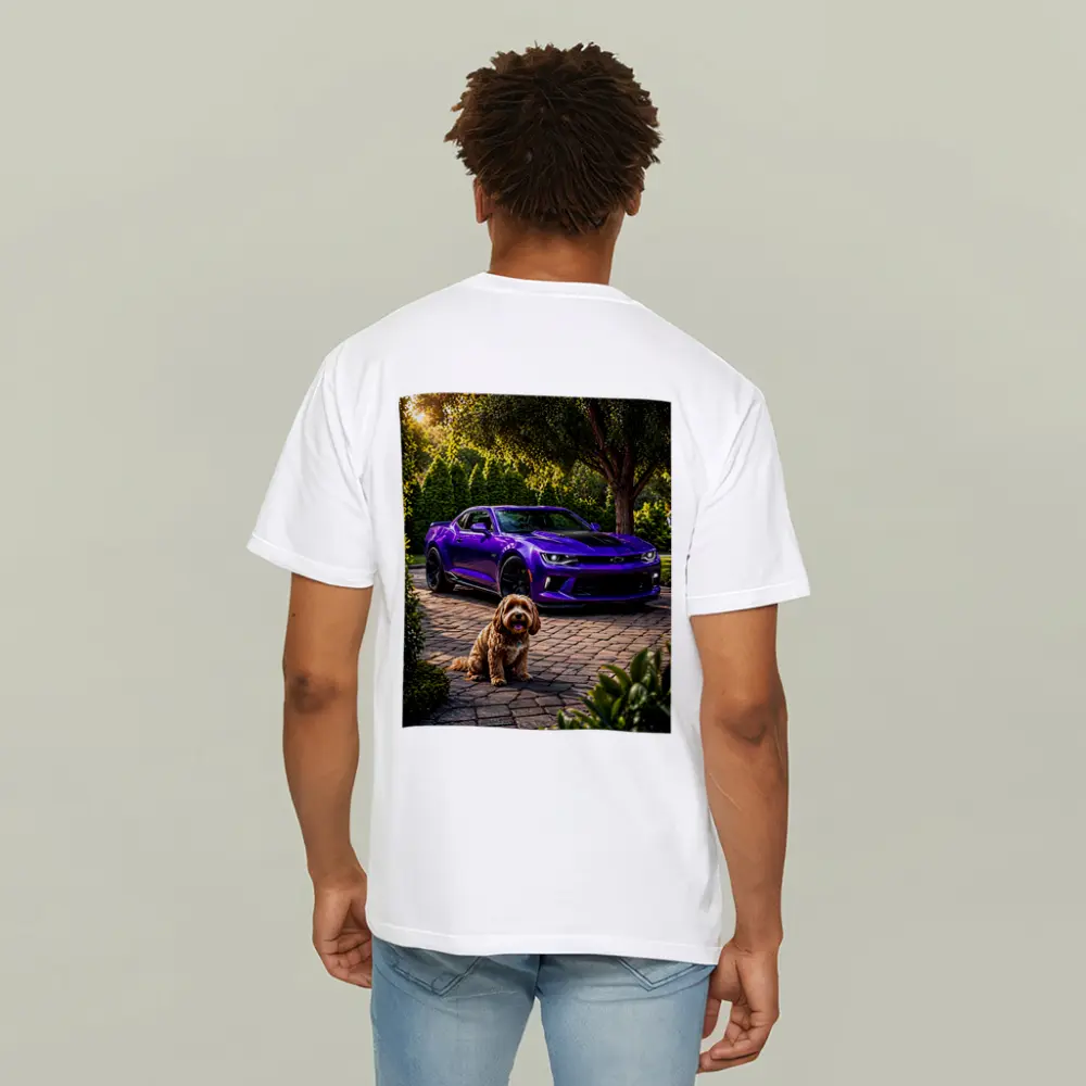 Purple Chevrolet Camaro With Fluffy Dog – T-Shirts