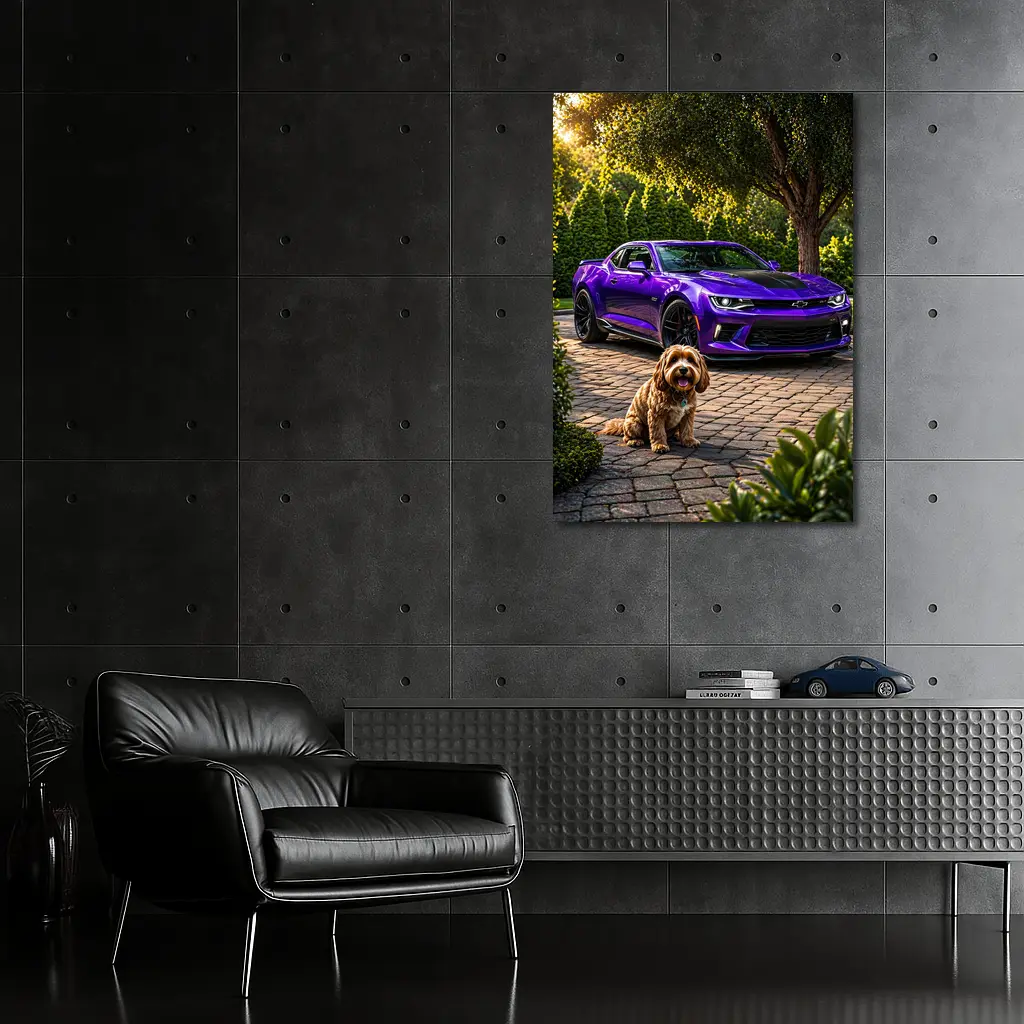 Purple Chevrolet Camaro With Fluffy Dog – Wall Art