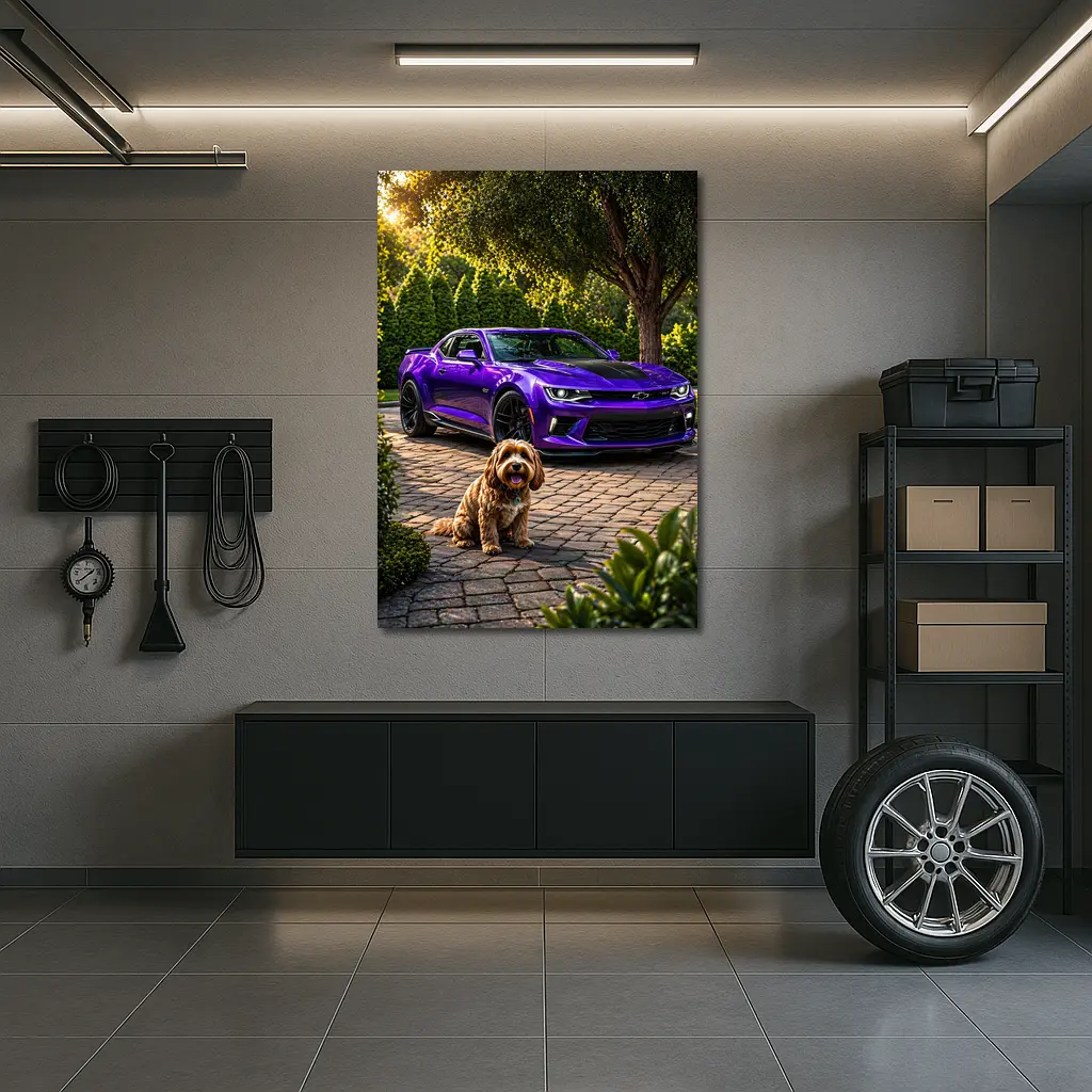 Purple Chevrolet Camaro With Fluffy Dog – Wall Art