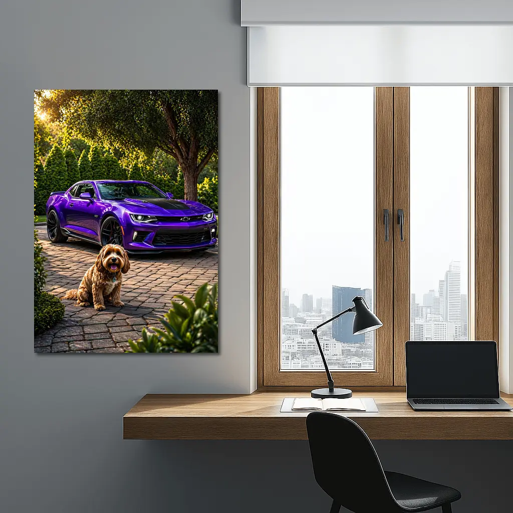Purple Chevrolet Camaro With Fluffy Dog – Wall Art