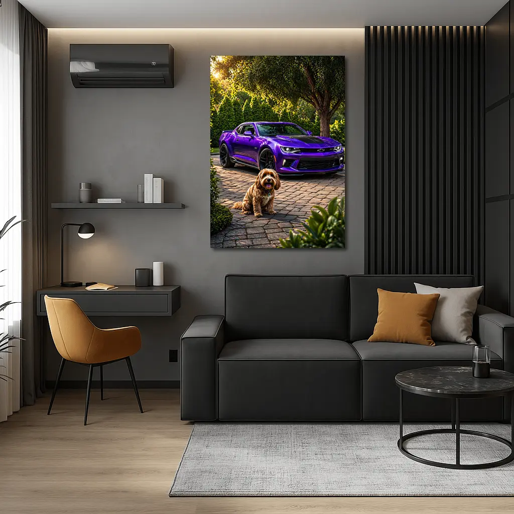 Purple Chevrolet Camaro With Fluffy Dog – Wall Art