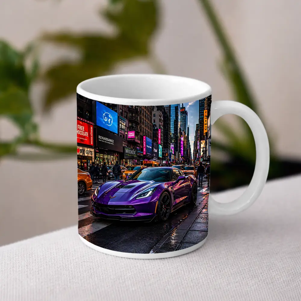 Purple Chevrolet Corvette Times Square New York – Mugs
