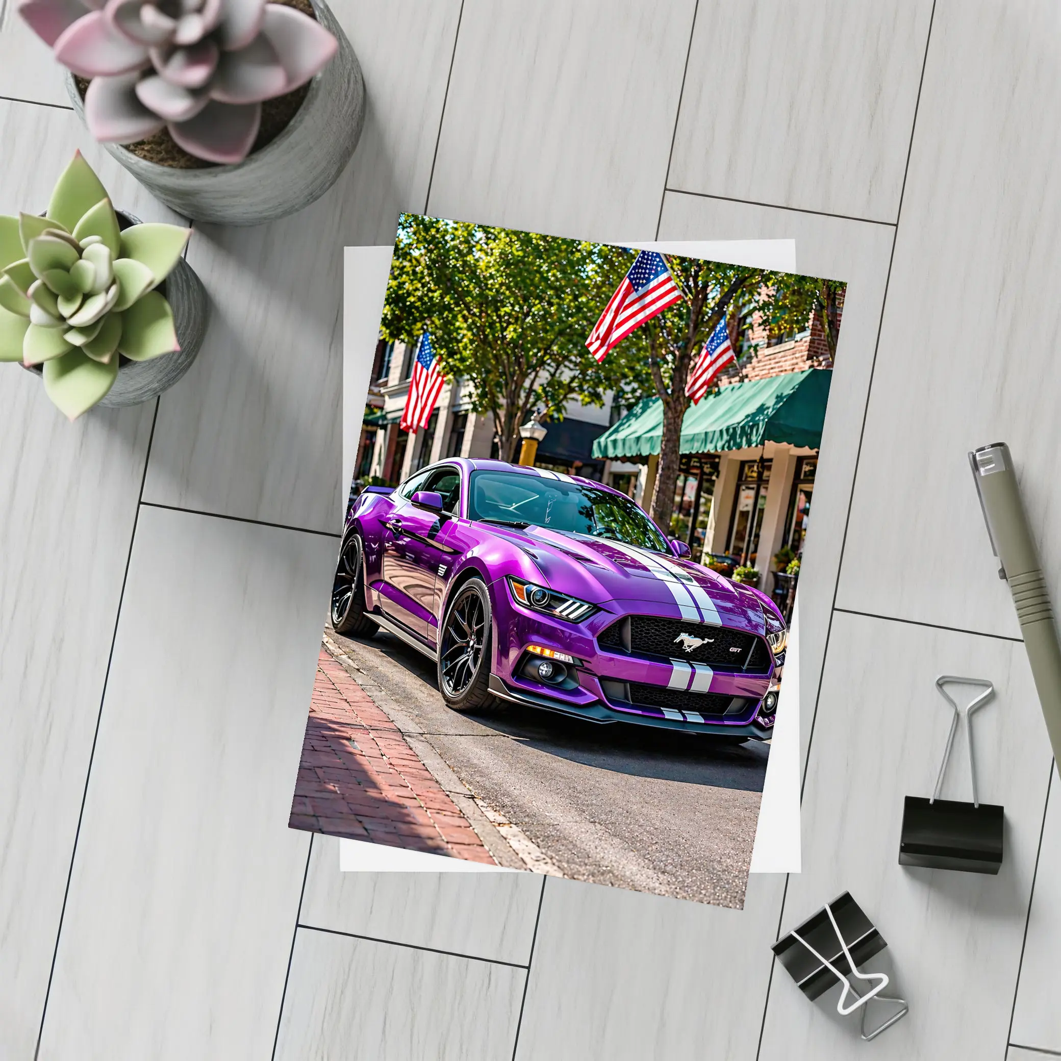 Purple Ford Mustang GT American Flag Street – Postcards
