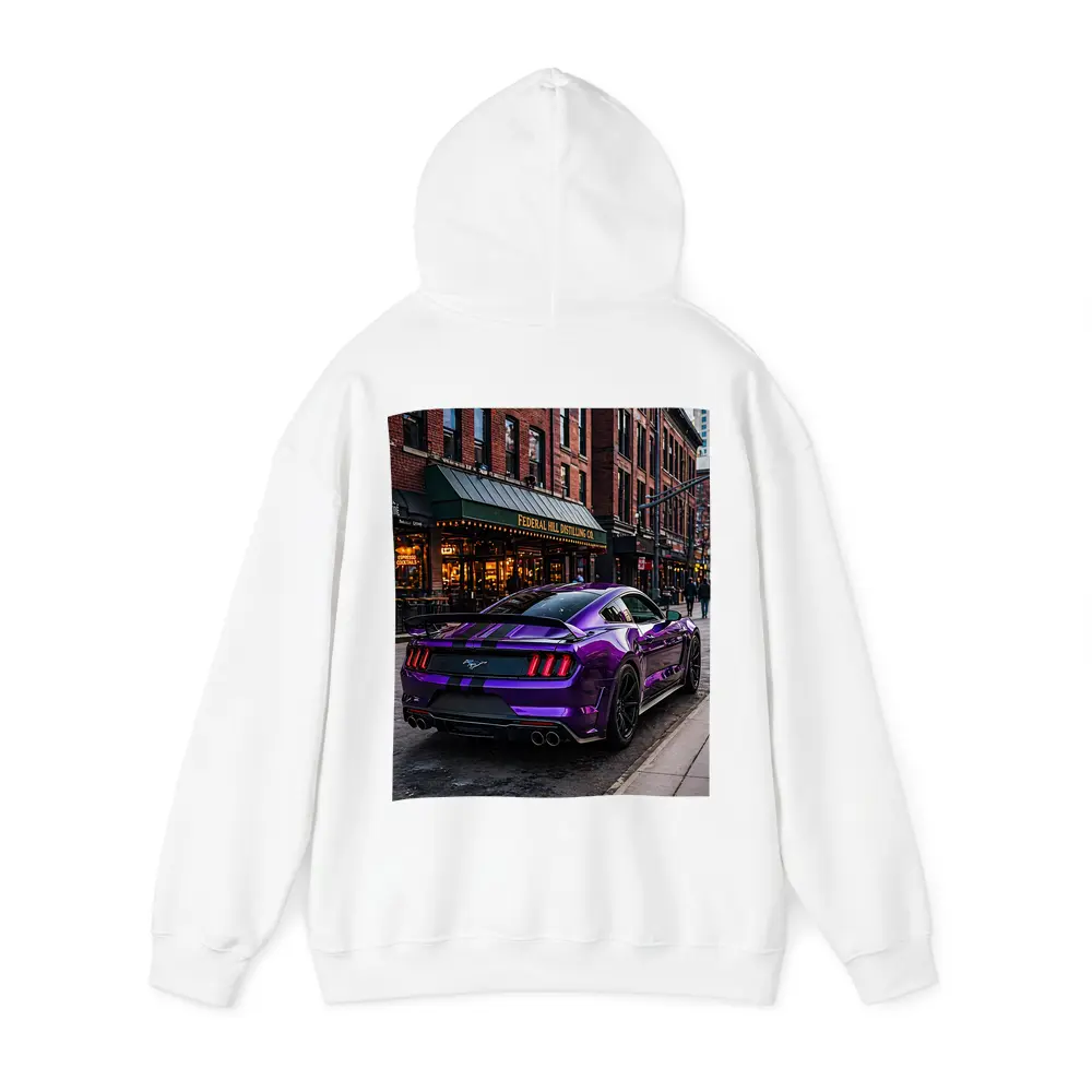 Purple Ford Mustang Street Urban City Scene – Hoodies
