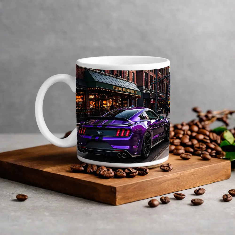 Purple Ford Mustang Street Urban City Scene – Mugs