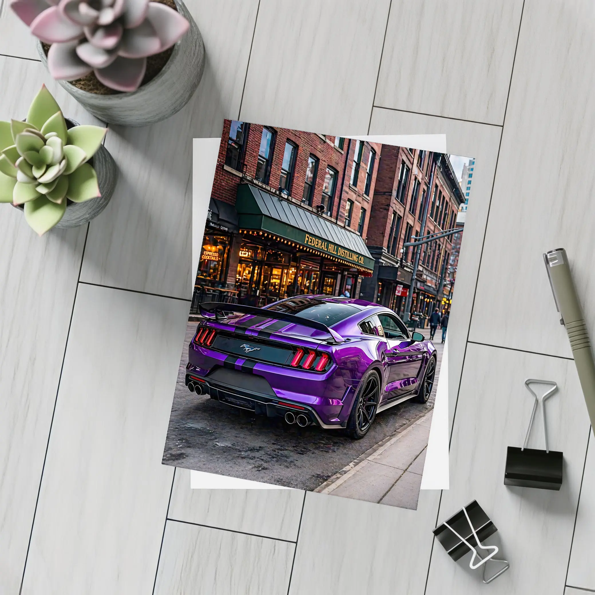Purple Ford Mustang Street Urban City Scene – Postcards