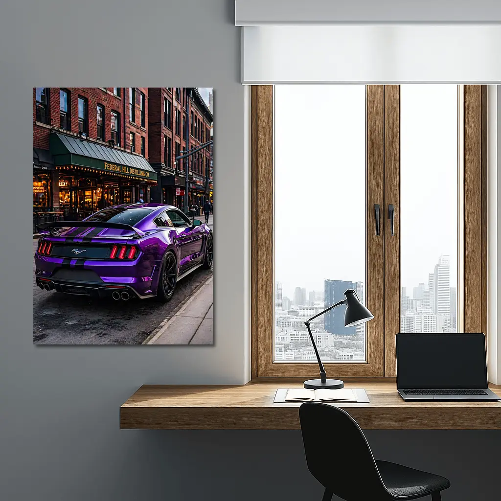 Purple Ford Mustang Street Urban City Scene – Wall Art