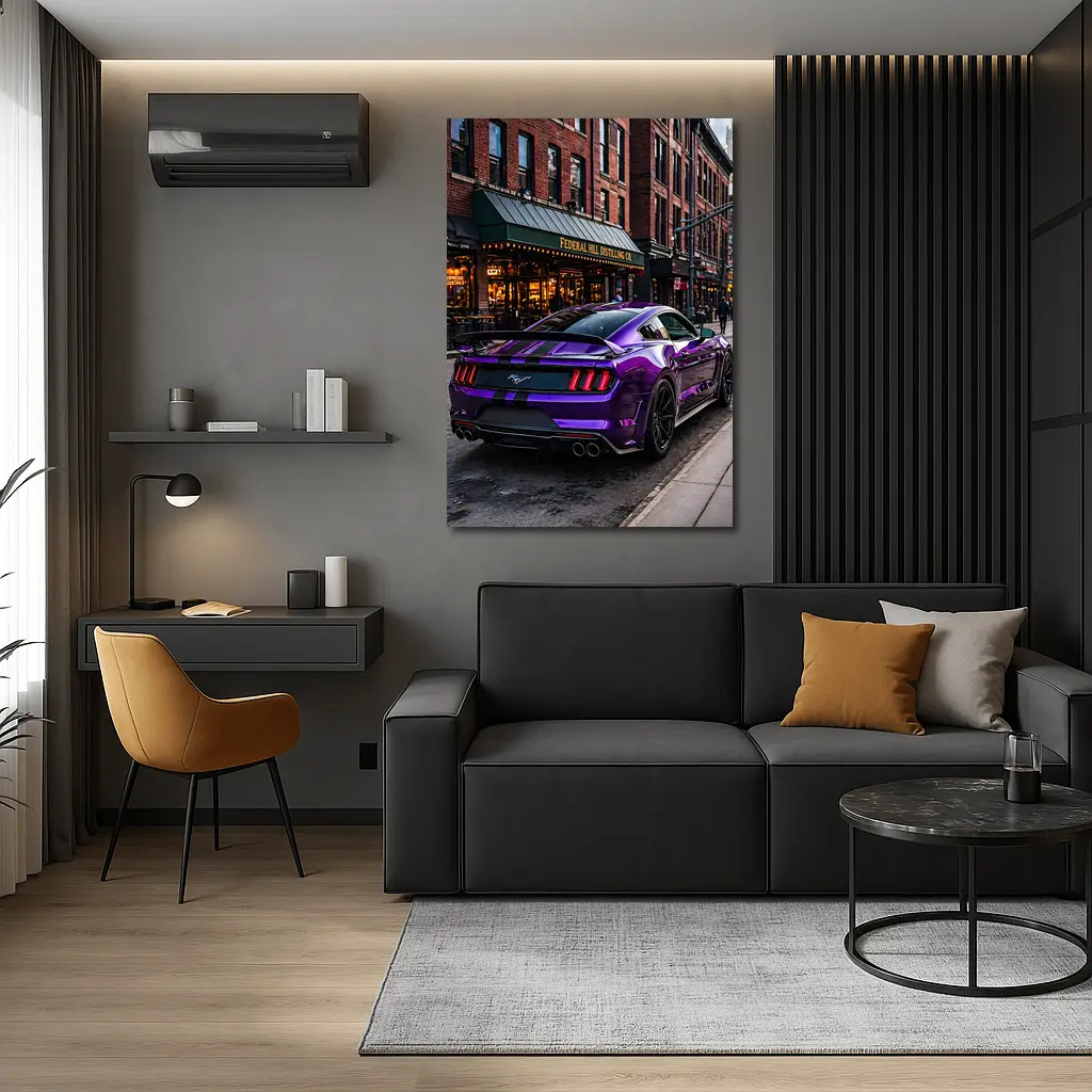 Purple Ford Mustang Street Urban City Scene – Wall Art