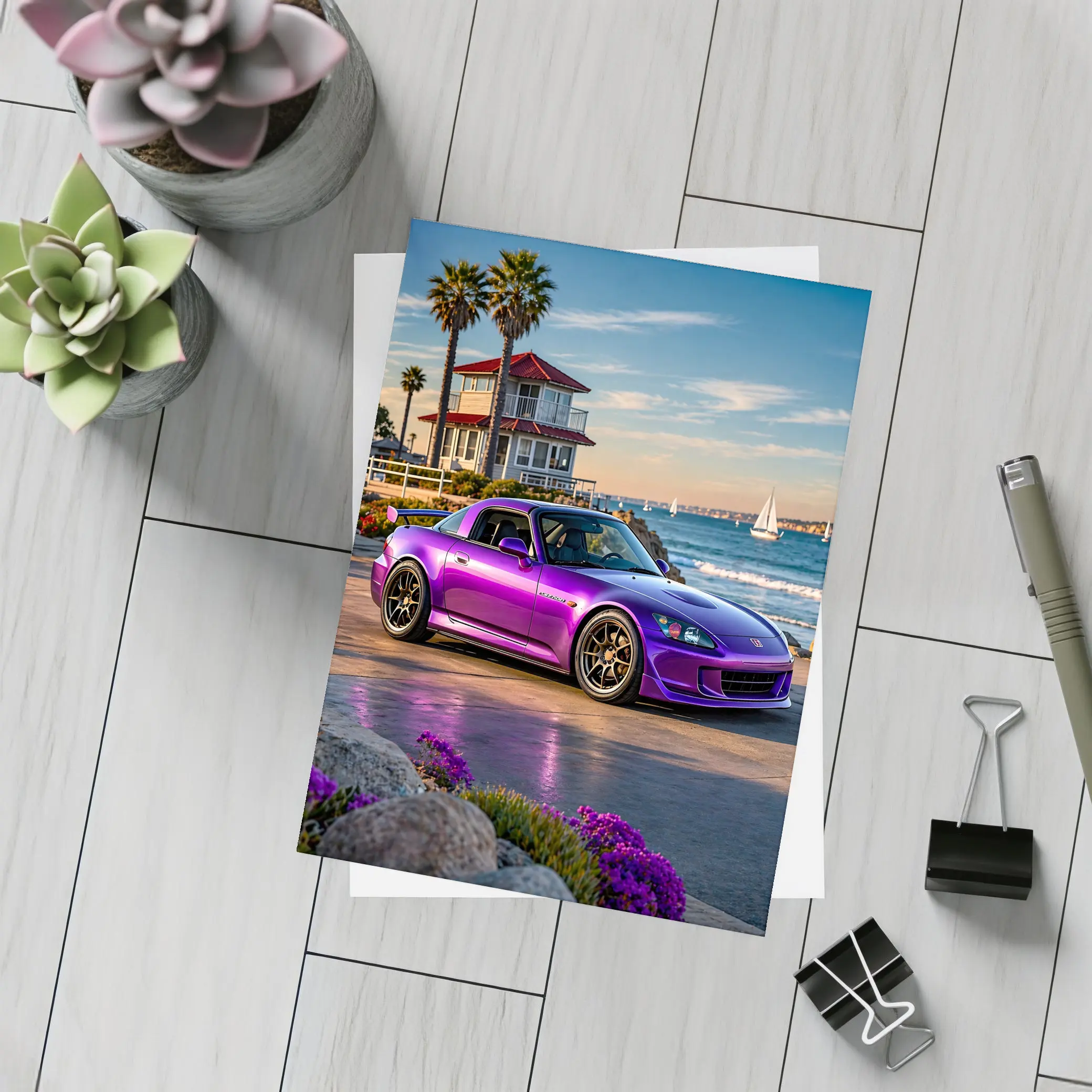 Purple Honda S2000 Coastal California Beach Setting – Postcards