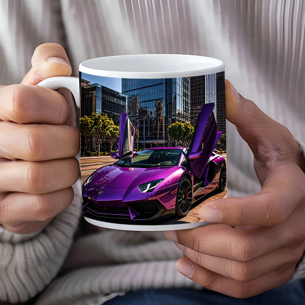 Purple Lamborghini Aventador Los Angeles City Street – Mugs