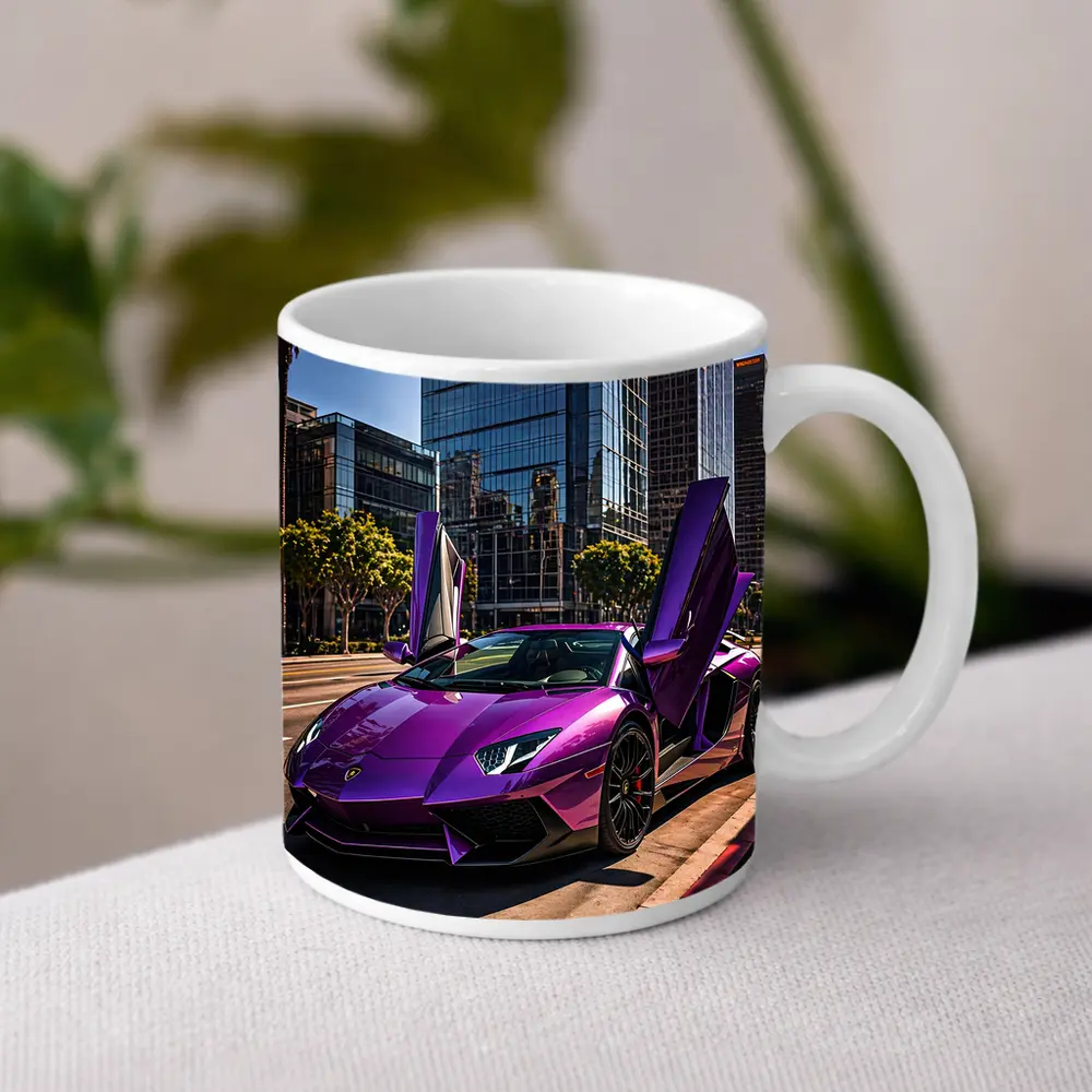 Purple Lamborghini Aventador Los Angeles City Street – Mugs