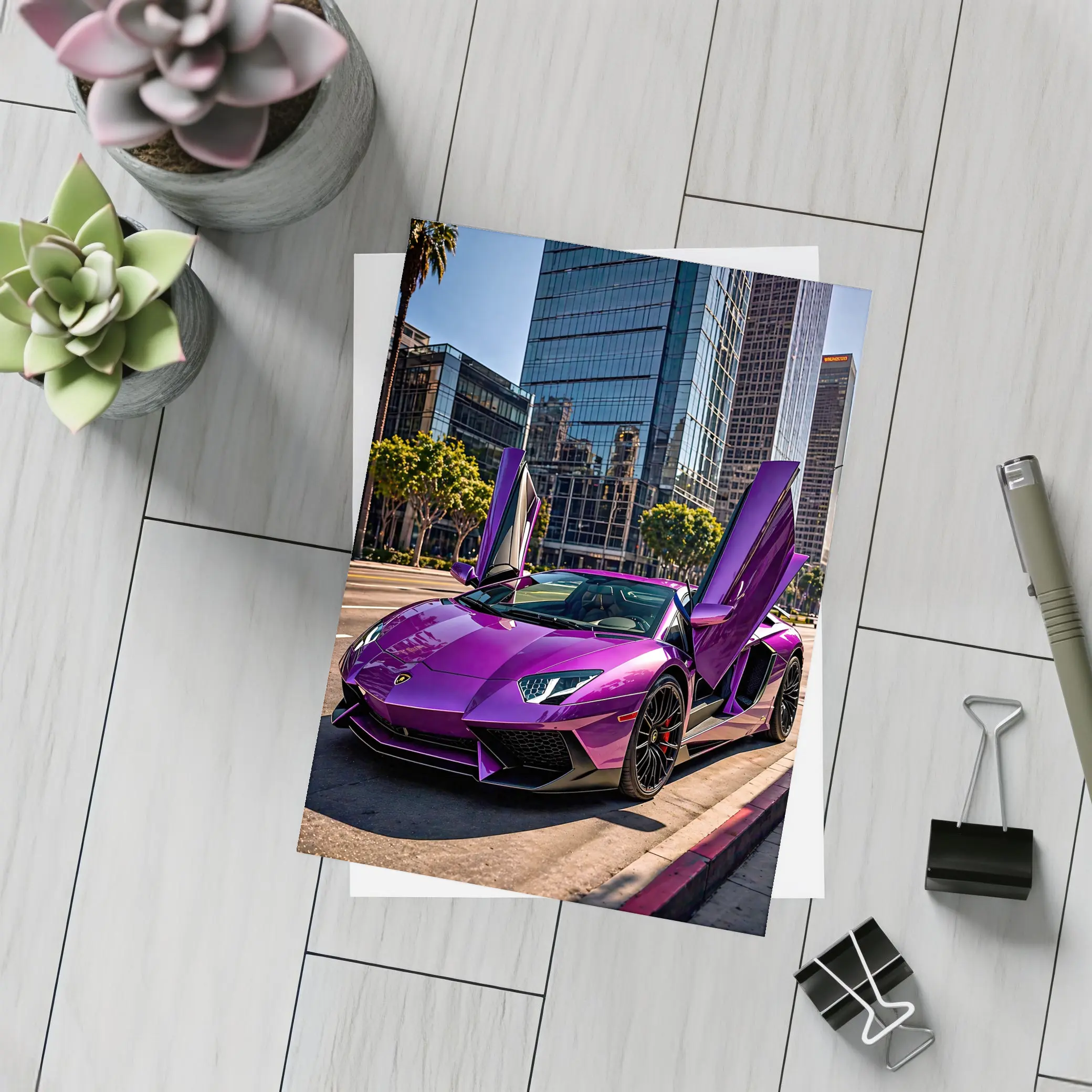 Purple Lamborghini Aventador Los Angeles City Street – Postcards