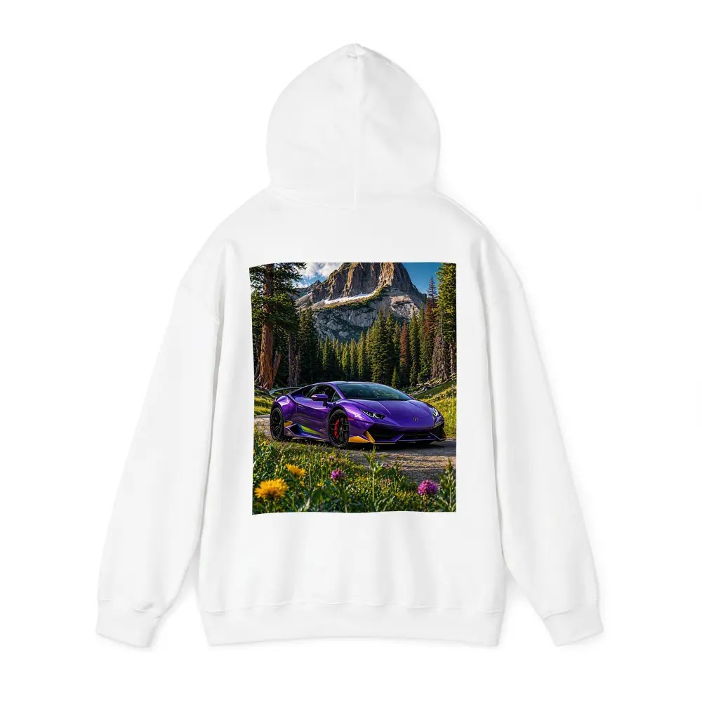Purple Lamborghini Huracan Mountain Forest Setting – Hoodies
