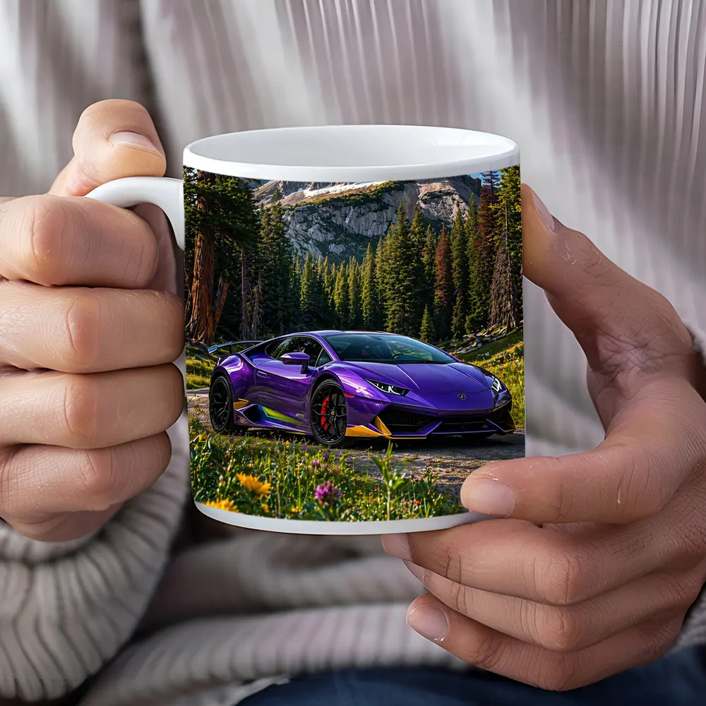 Purple Lamborghini Huracan Mountain Forest Setting – Mugs