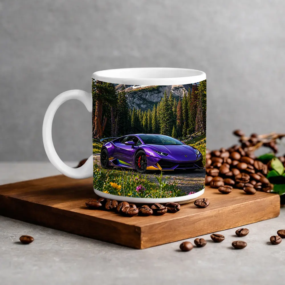 Purple Lamborghini Huracan Mountain Forest Setting – Mugs