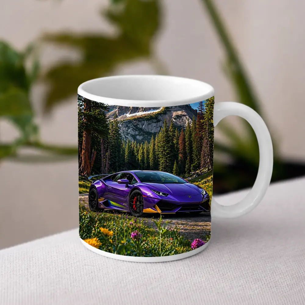 Purple Lamborghini Huracan Mountain Forest Setting – Mugs