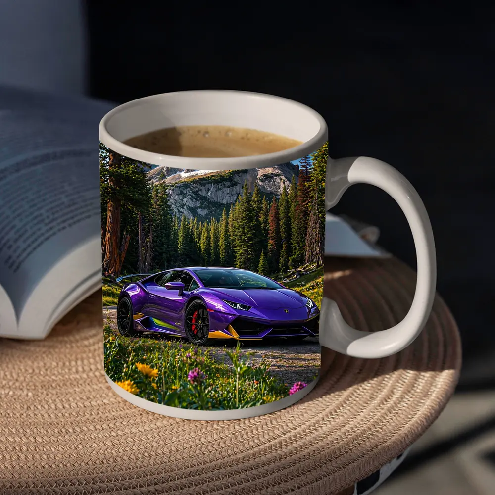 Purple Lamborghini Huracan Mountain Forest Setting – Mugs