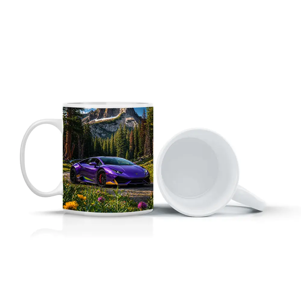 Purple Lamborghini Huracan Mountain Forest Setting – Mugs