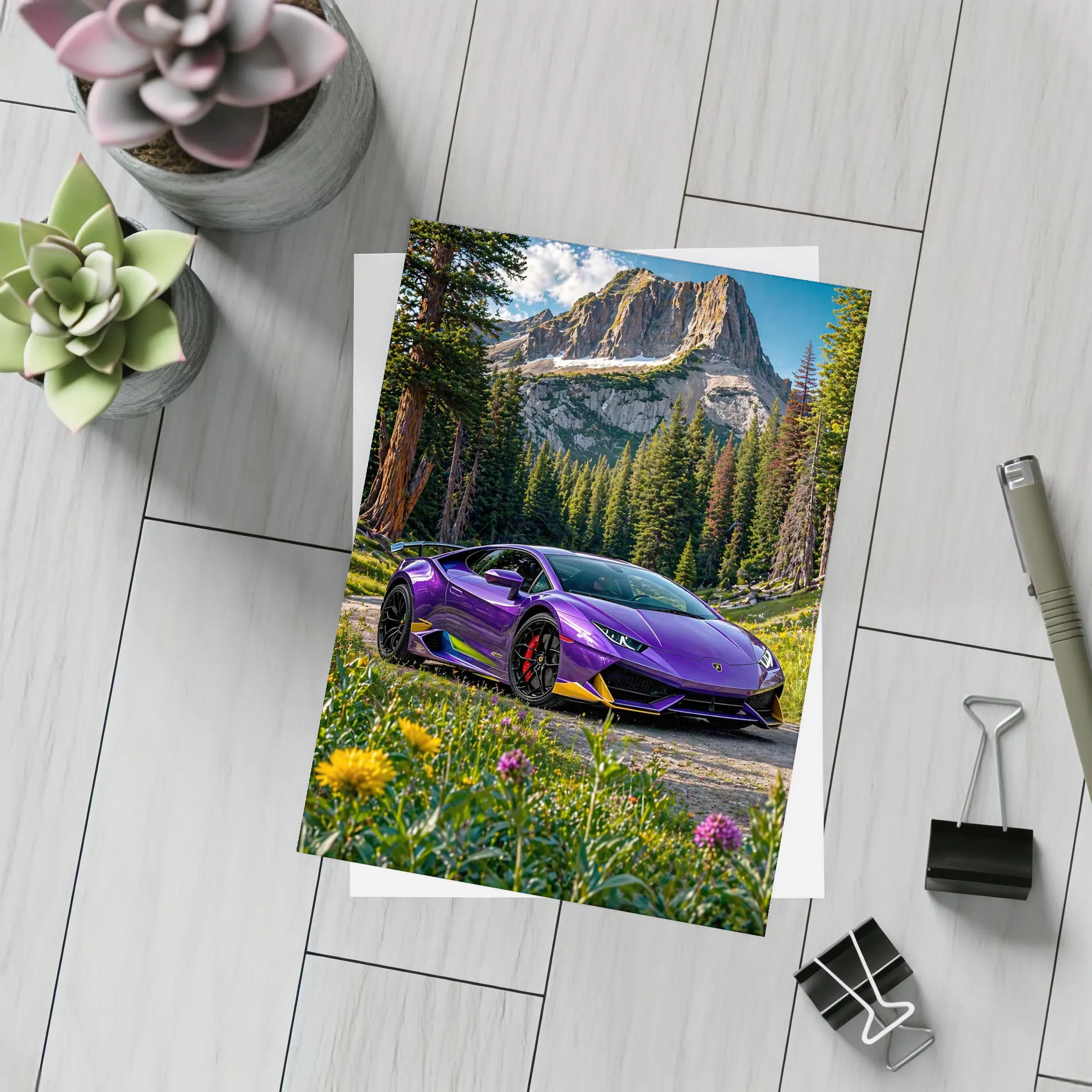 Purple Lamborghini Huracan Mountain Forest Setting – Postcards