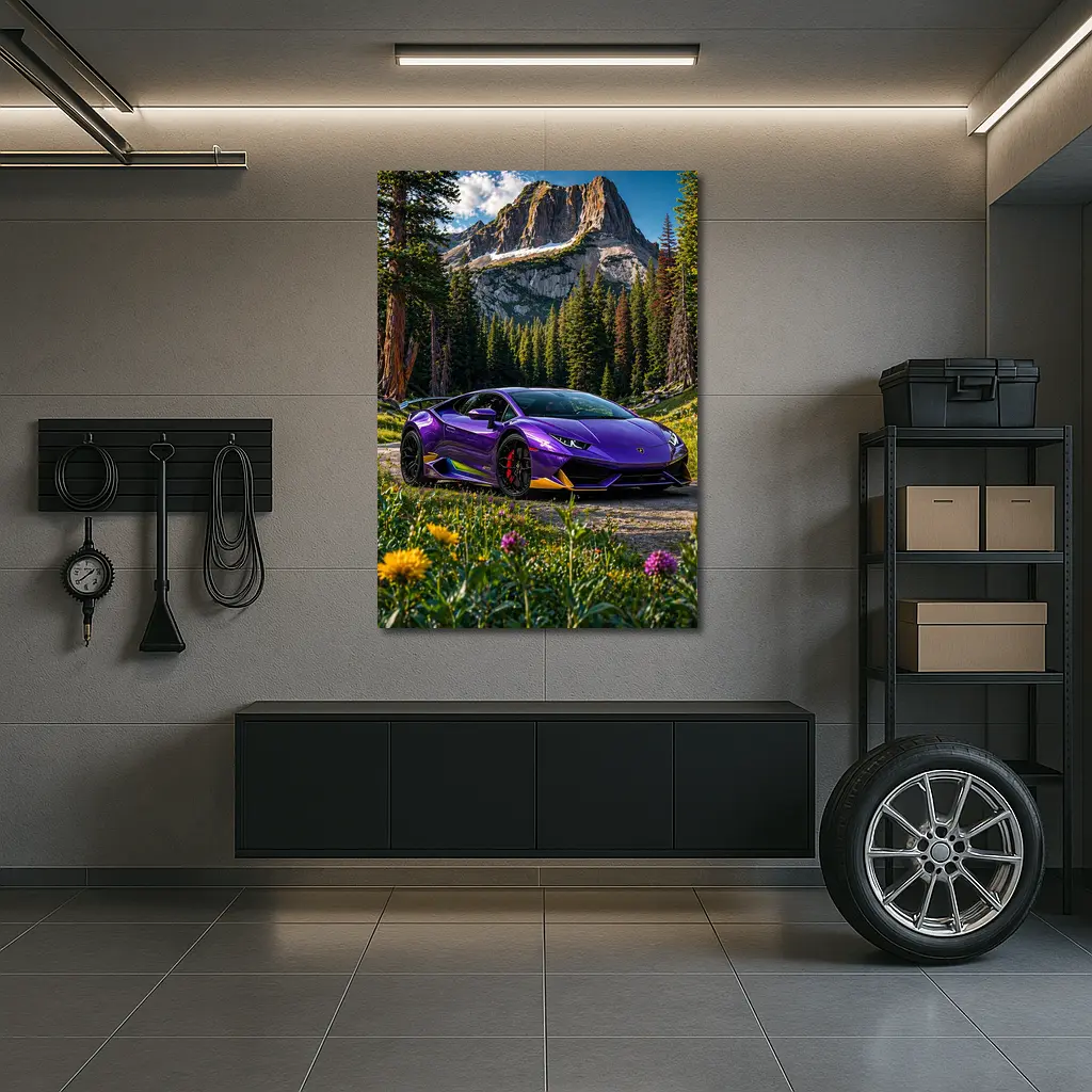Purple Lamborghini Huracan Mountain Forest Setting – Wall Art