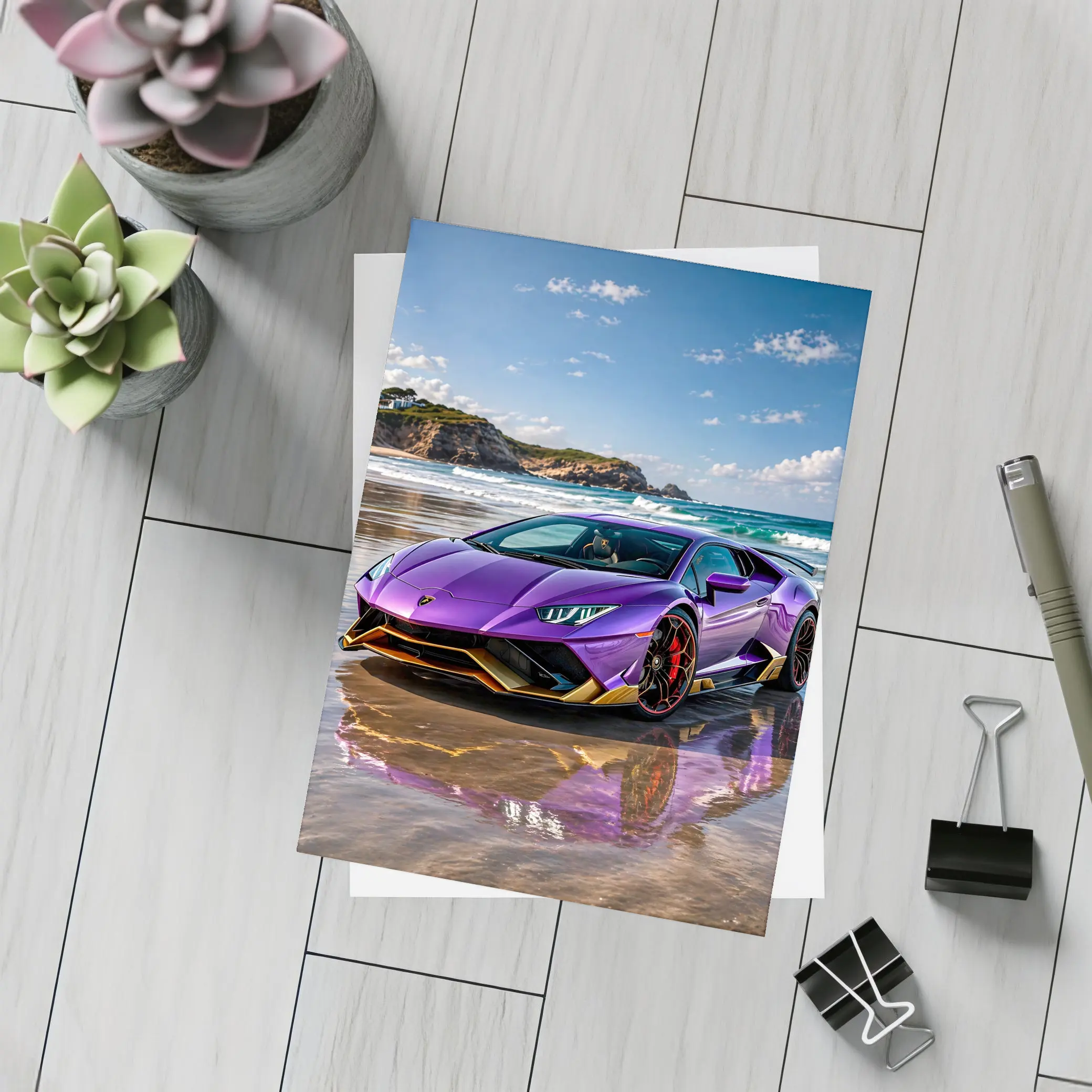 Purple Lamborghini Huracan Evo On Beach – Postcards