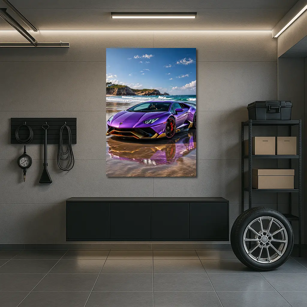Purple Lamborghini Huracan Evo On Beach – Wall Art