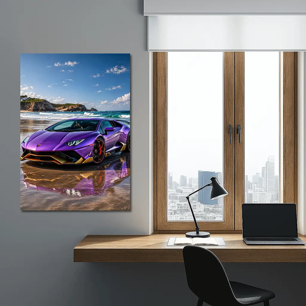 Purple Lamborghini Huracan Evo On Beach – Wall Art