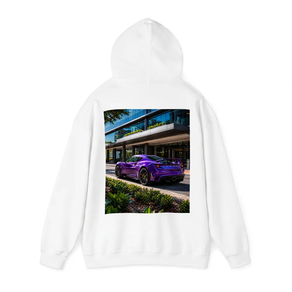 Purple Lotus Emira Parked Outside Glass Building – Hoodies