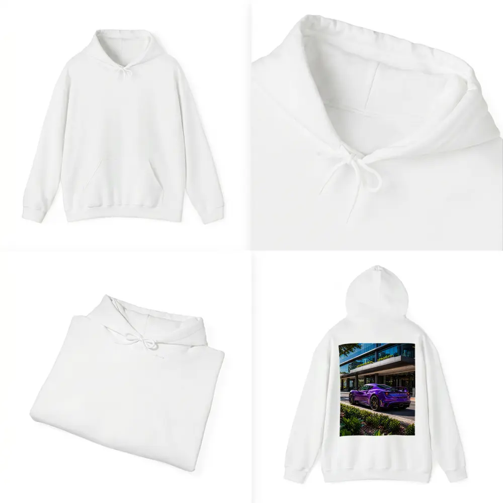 Purple Lotus Emira Parked Outside Glass Building – Hoodies