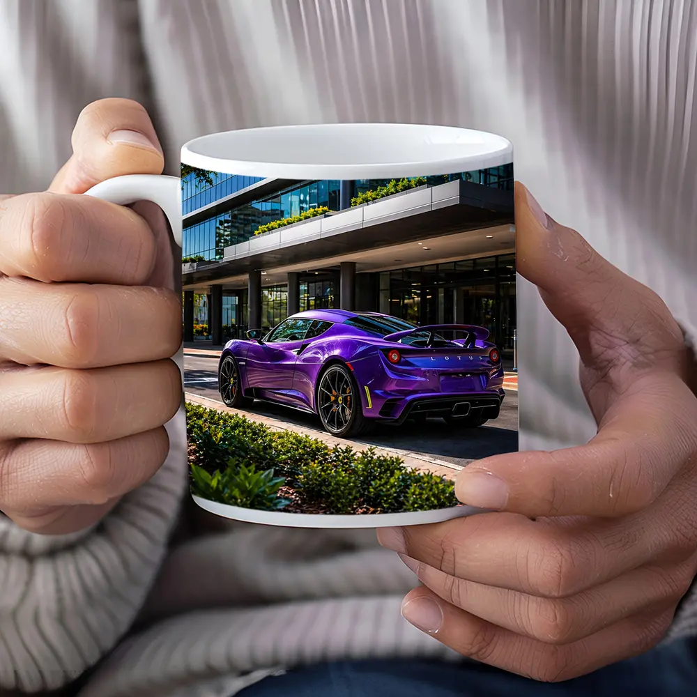 Purple Lotus Emira Parked Outside Glass Building – Mugs