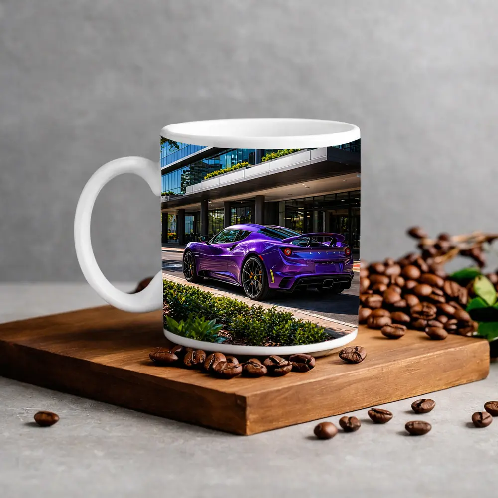 Purple Lotus Emira Parked Outside Glass Building – Mugs