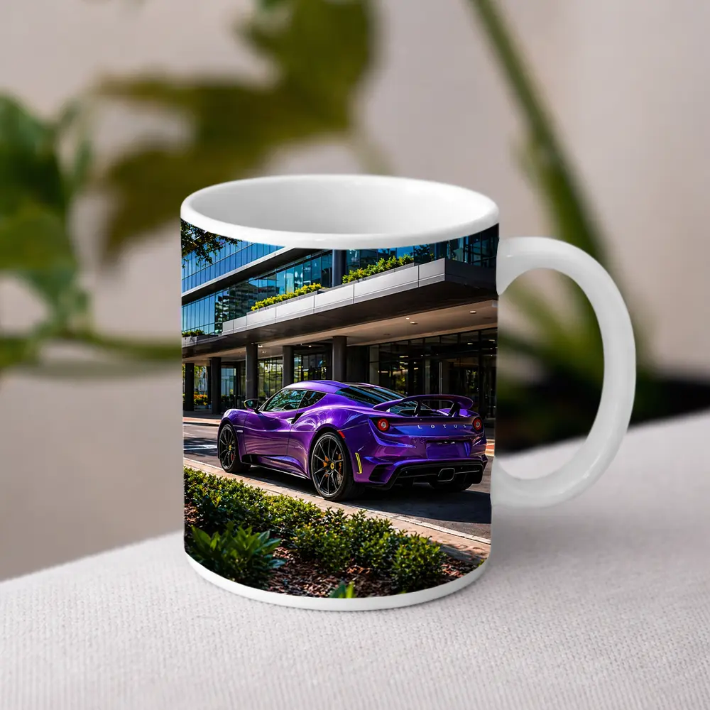 Purple Lotus Emira Parked Outside Glass Building – Mugs