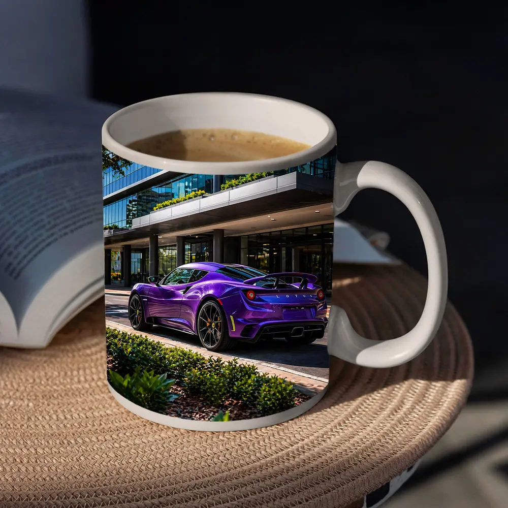 Purple Lotus Emira Parked Outside Glass Building – Mugs