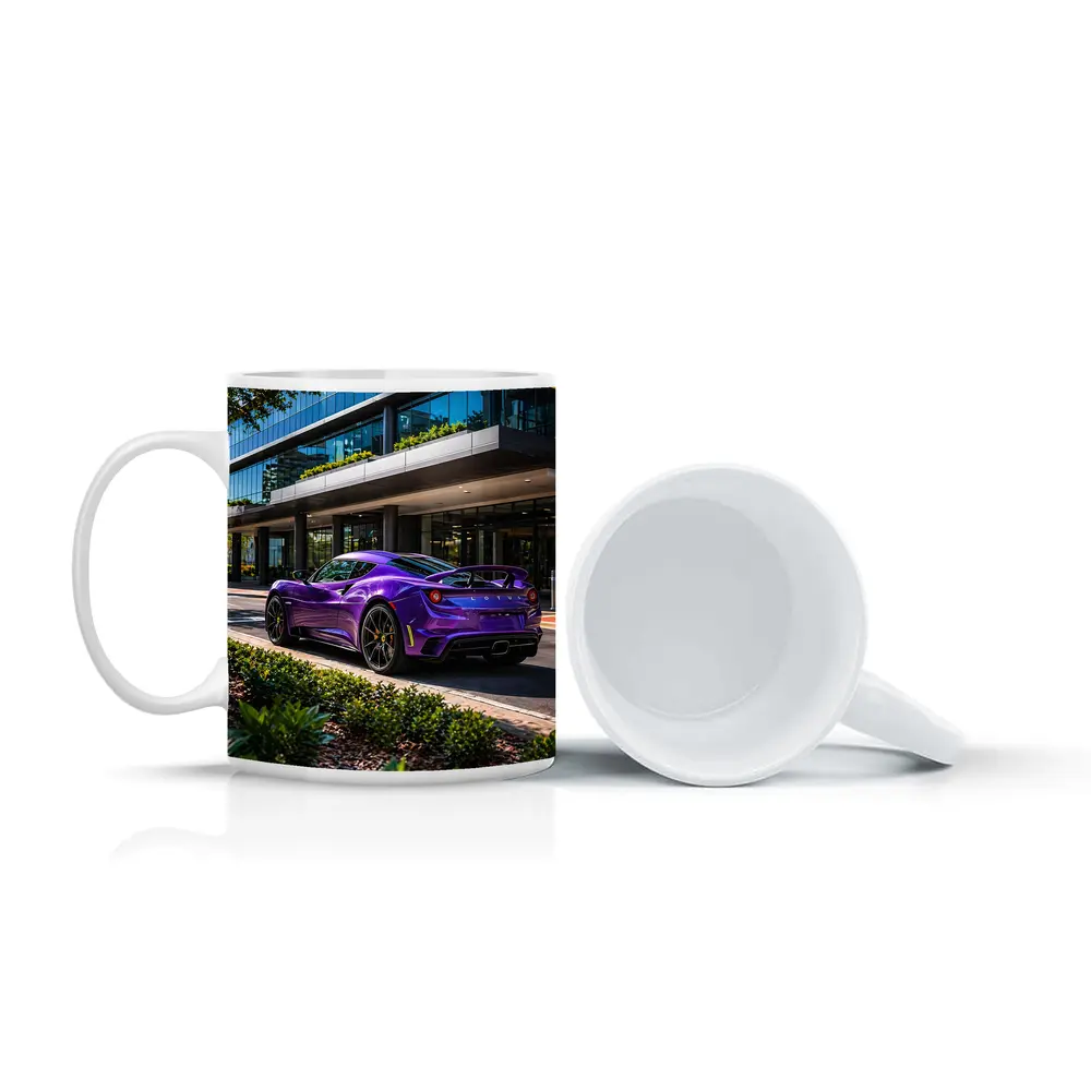 Purple Lotus Emira Parked Outside Glass Building – Mugs