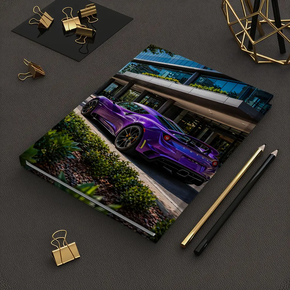 Purple Lotus Emira Parked Outside Glass Building – Notebooks
