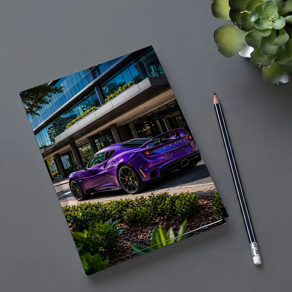Purple Lotus Emira Parked Outside Glass Building – Notebooks