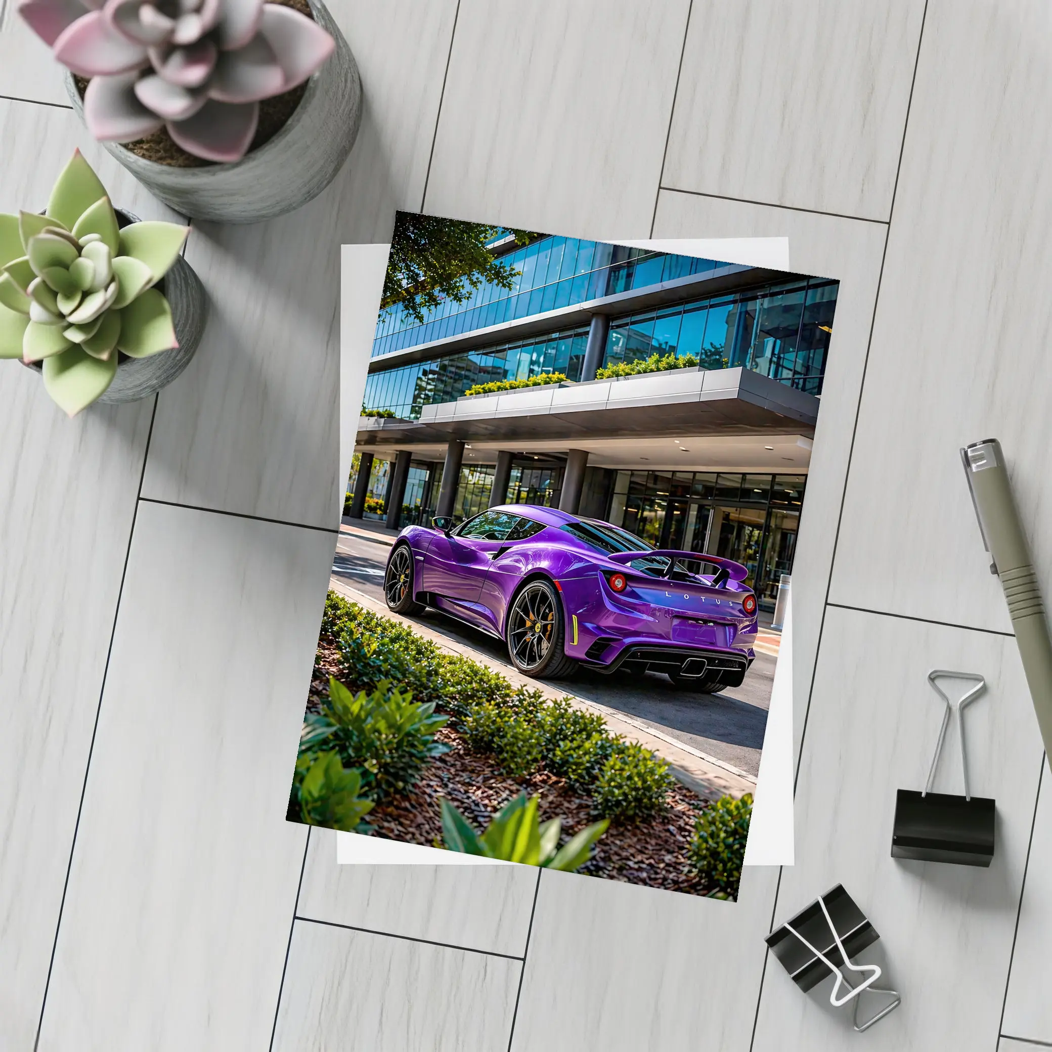 Purple Lotus Emira Parked Outside Glass Building – Postcards