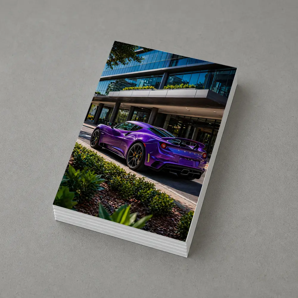 Purple Lotus Emira Parked Outside Glass Building – Postcards
