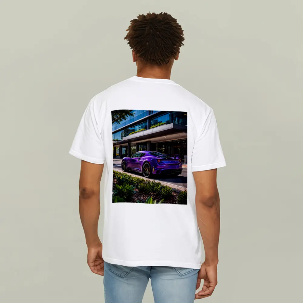 Purple Lotus Emira Parked Outside Glass Building – T-Shirts
