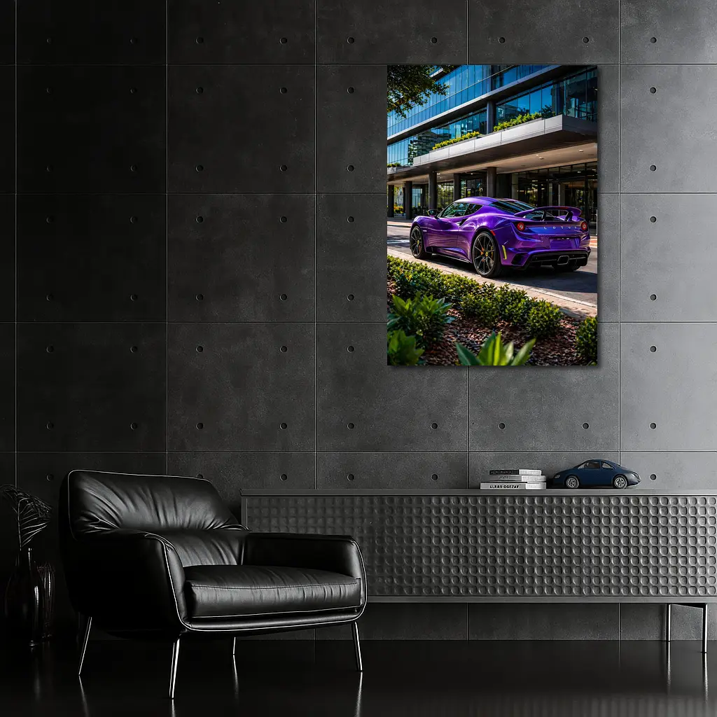 Purple Lotus Emira Parked Outside Glass Building – Wall Art