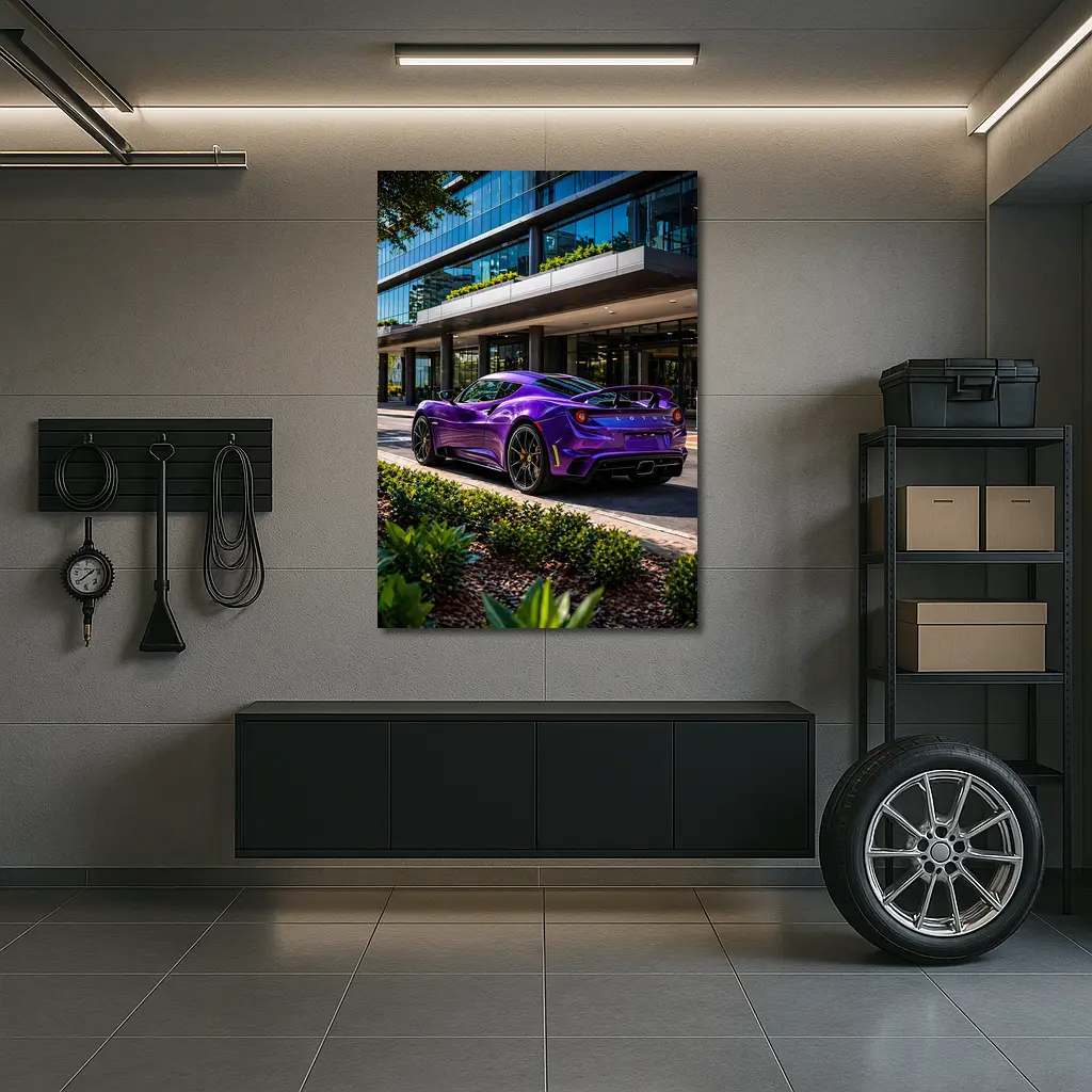 Purple Lotus Emira Parked Outside Glass Building – Wall Art