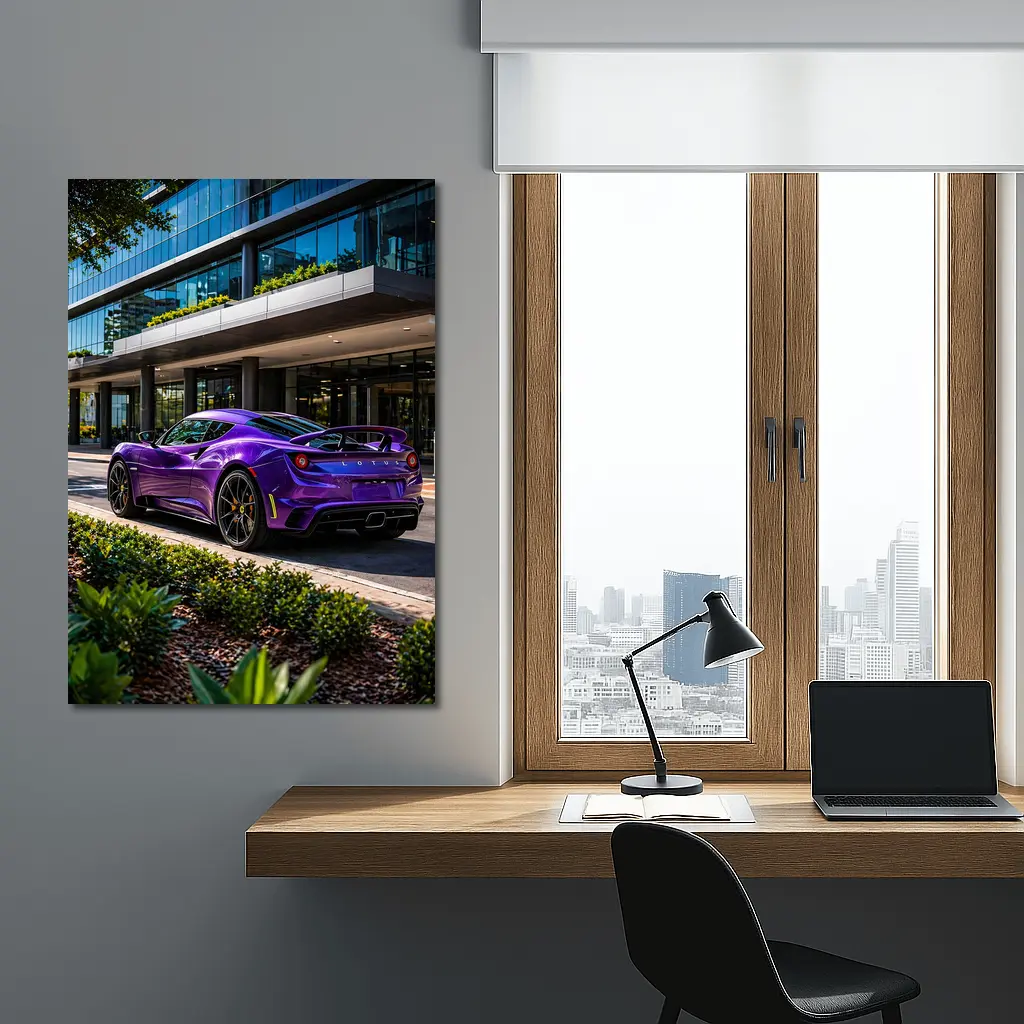 Purple Lotus Emira Parked Outside Glass Building – Wall Art