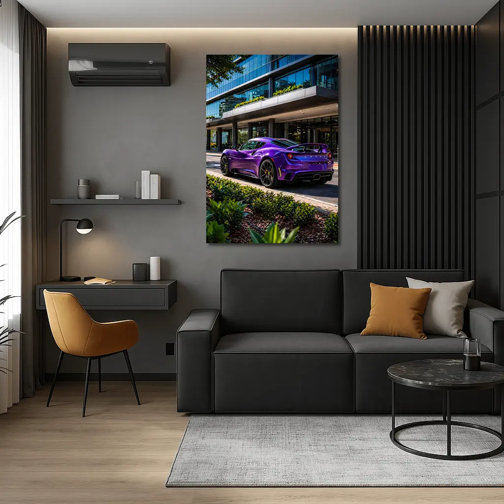 Purple Lotus Emira Parked Outside Glass Building – Wall Art