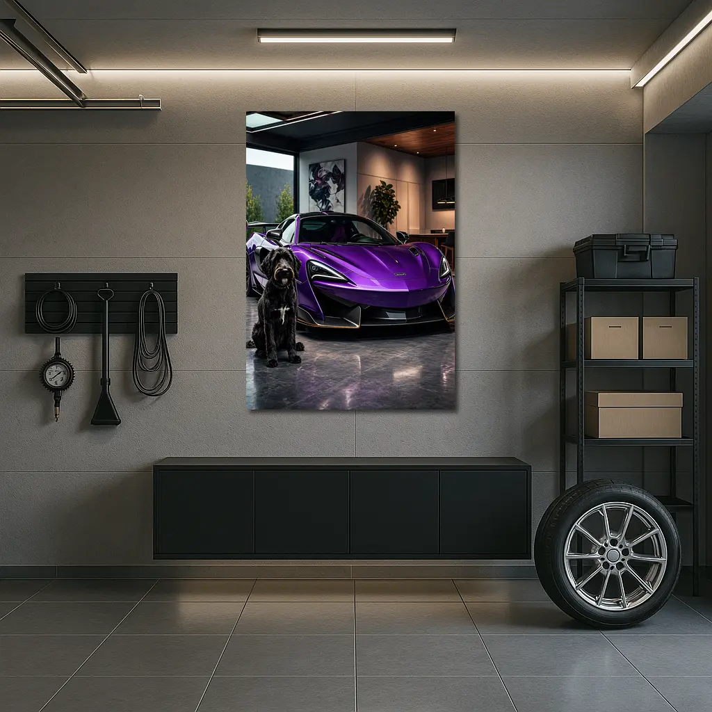Purple McLaren 600LT Dog Luxury Garage – Wall Art