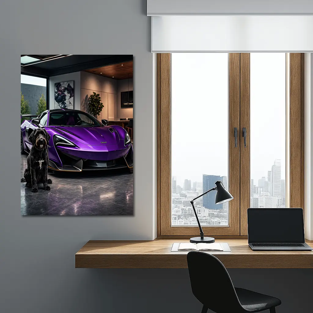 Purple McLaren 600LT Dog Luxury Garage – Wall Art