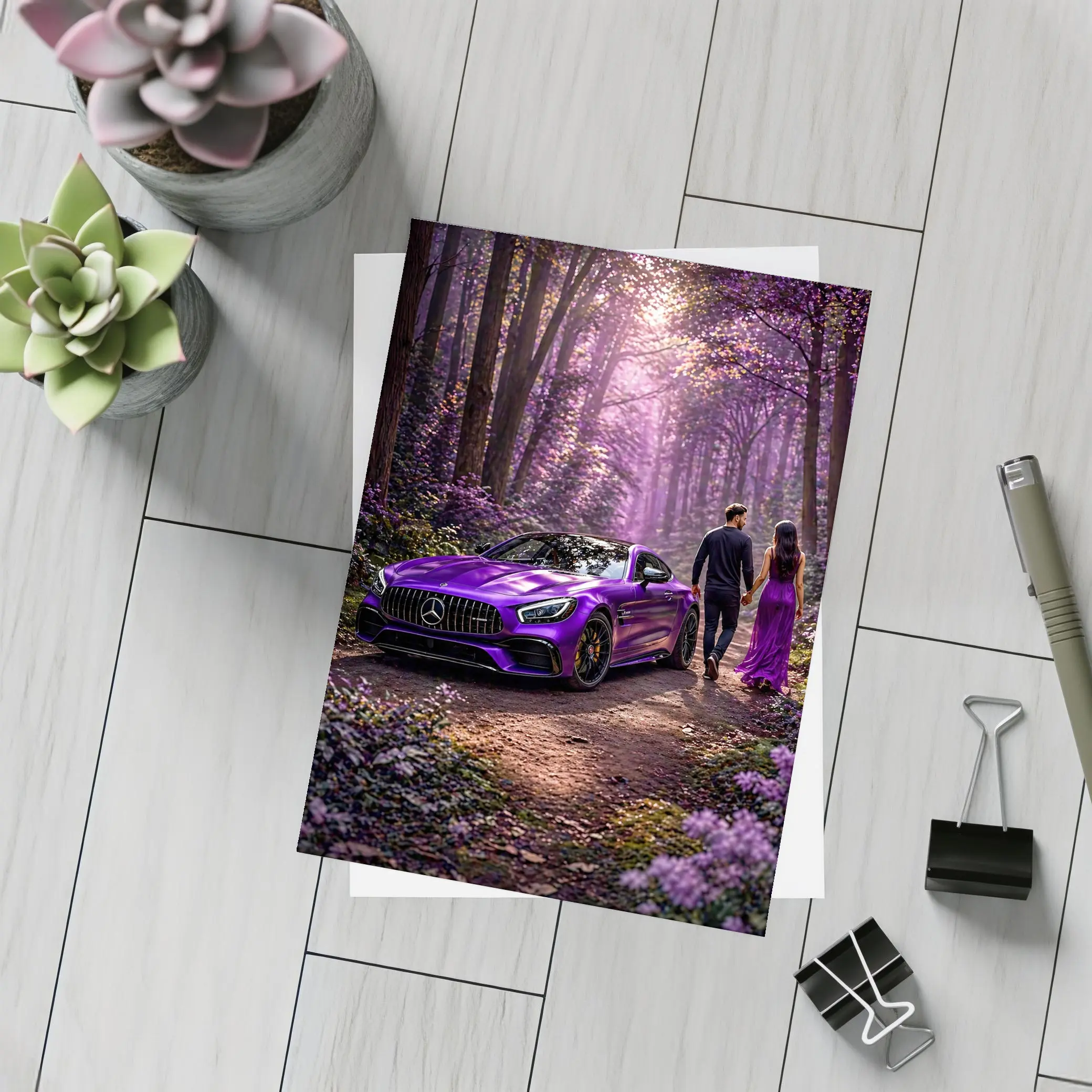 Purple Mercedes AMG GT Forest Couple – Postcards
