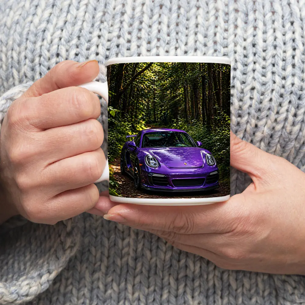 Purple Porsche Cayman Parked In Forest – Mugs