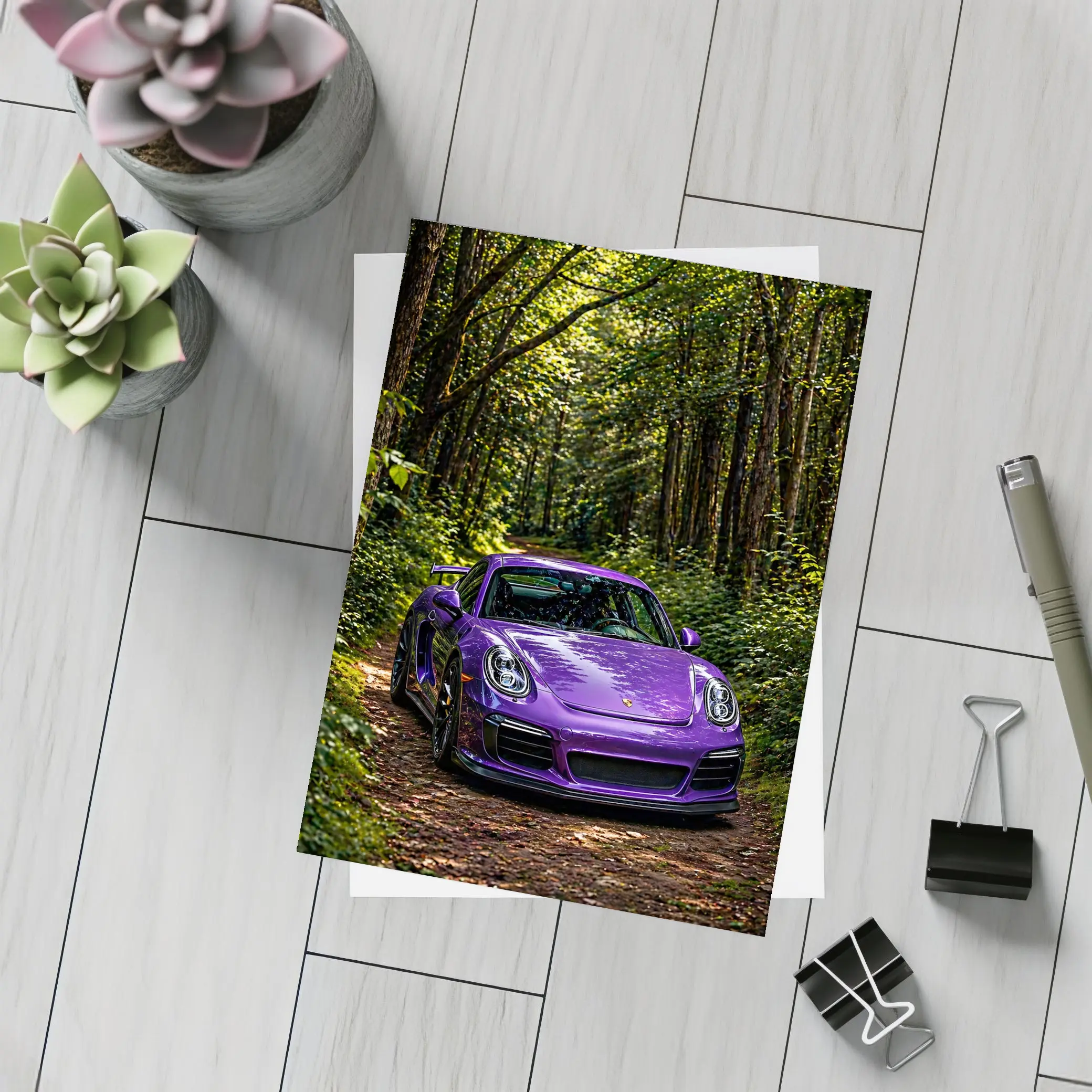Purple Porsche Cayman Parked In Forest – Postcards